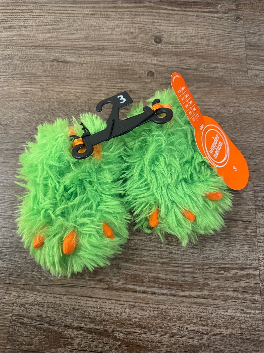Kids Green Fuzzy Monster Slippers with Orange Claws - Size 3